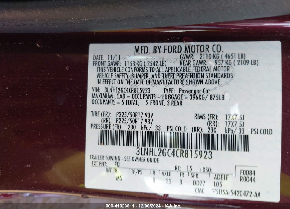 2012 LINCOLN MKZ VIN: 3LNHL2GC4CR815923