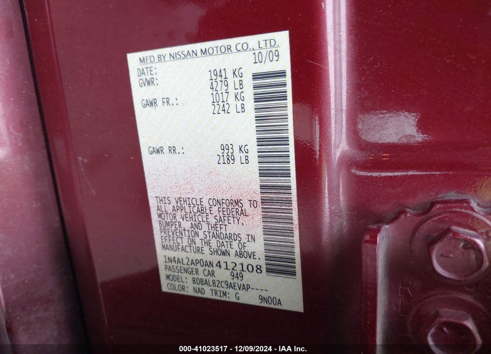 2010 NISSAN ALTIMA 2.5 S VIN: 1N4AL2AP0AN412108