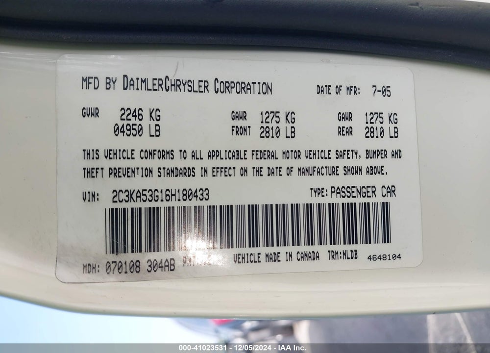 2006 CHRYSLER 300 TOURING VIN: 2C3KA53G16H180433