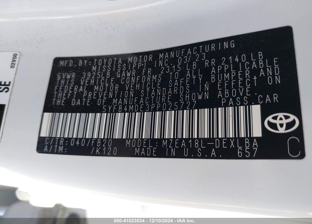 2023 TOYOTA COROLLA LE VIN: 5YFB4MDE3PP025727