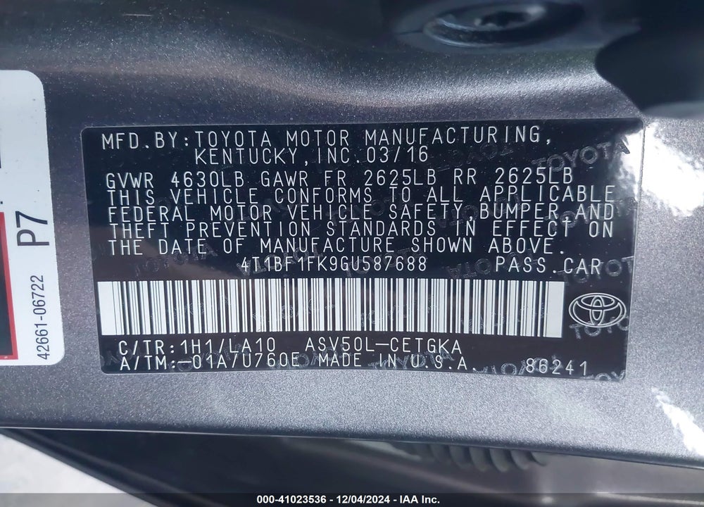 2016 TOYOTA CAMRY XLE VIN: 4T1BF1FK9GU587688