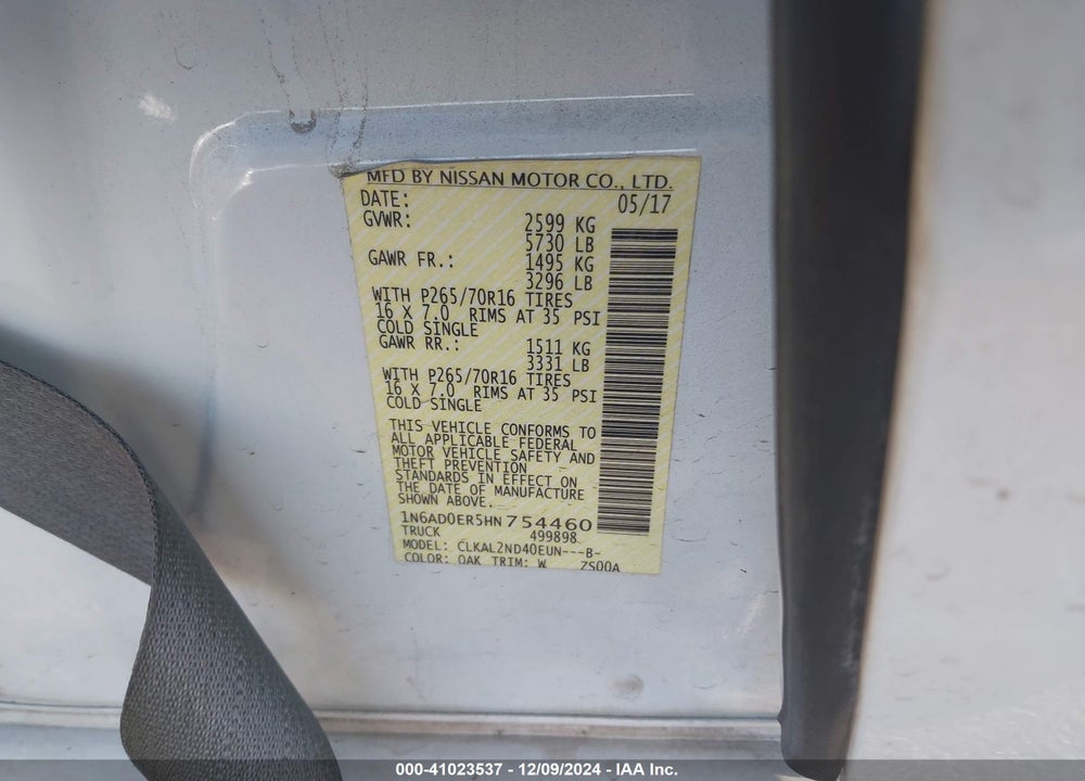 2017 NISSAN FRONTIER SV VIN: 1N6AD0ER5HN754460