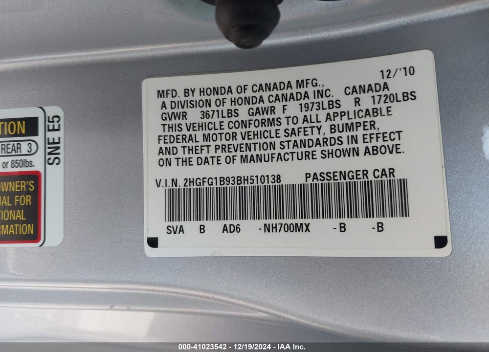 2011 HONDA CIVIC EX-L VIN: 2HGFG1B93BH510138