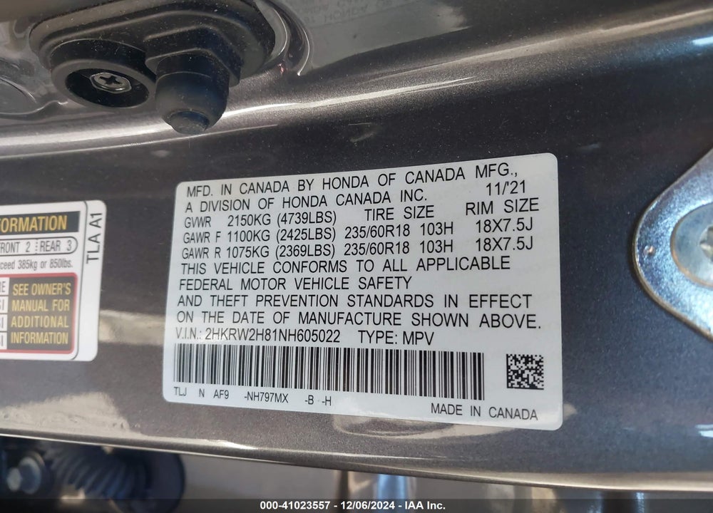 2022 HONDA CR-V AWD EX-L VIN: 2HKRW2H81NH605022