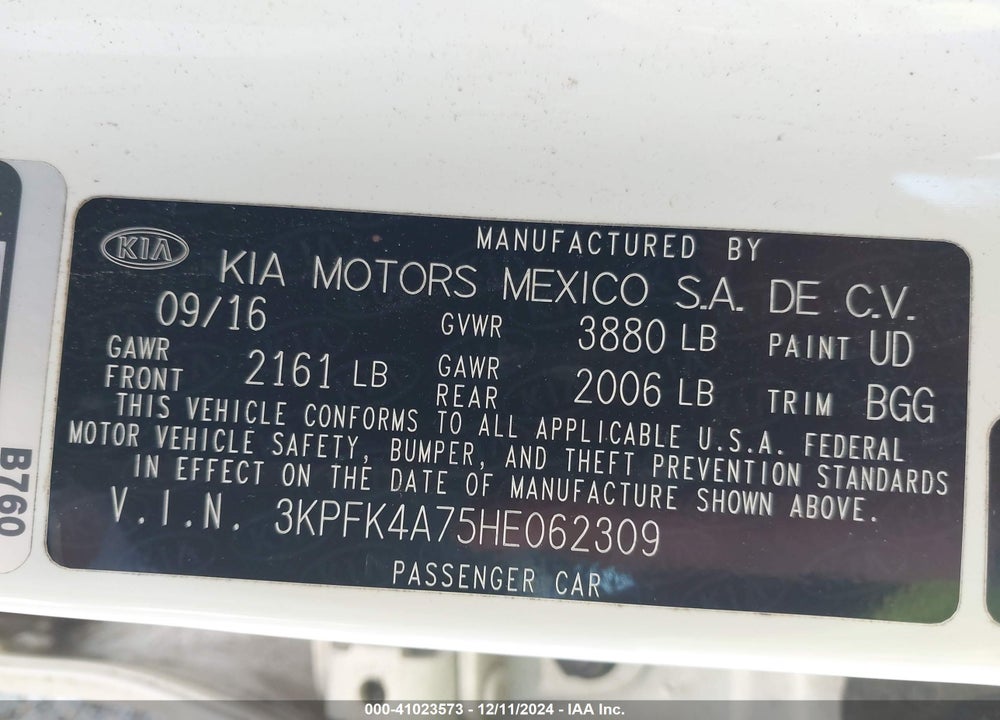 2017 KIA FORTE LX VIN: 3KPFK4A75HE062309