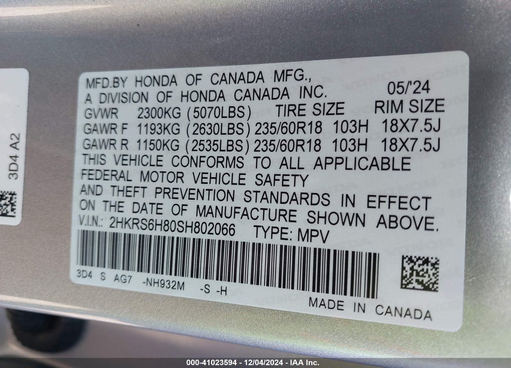2025 HONDA CR-V HYBRID SPORT-L VIN: 2HKRS6H80SH802066