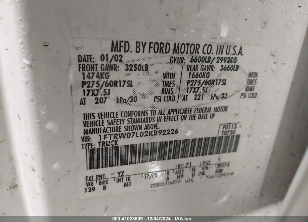 2002 FORD F-150 LARIAT/XLT VIN: 1FTRW07L02KB92226