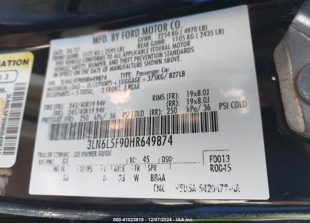 2017 LINCOLN MKZ RESERVE VIN: 3LN6L5F90HR649874