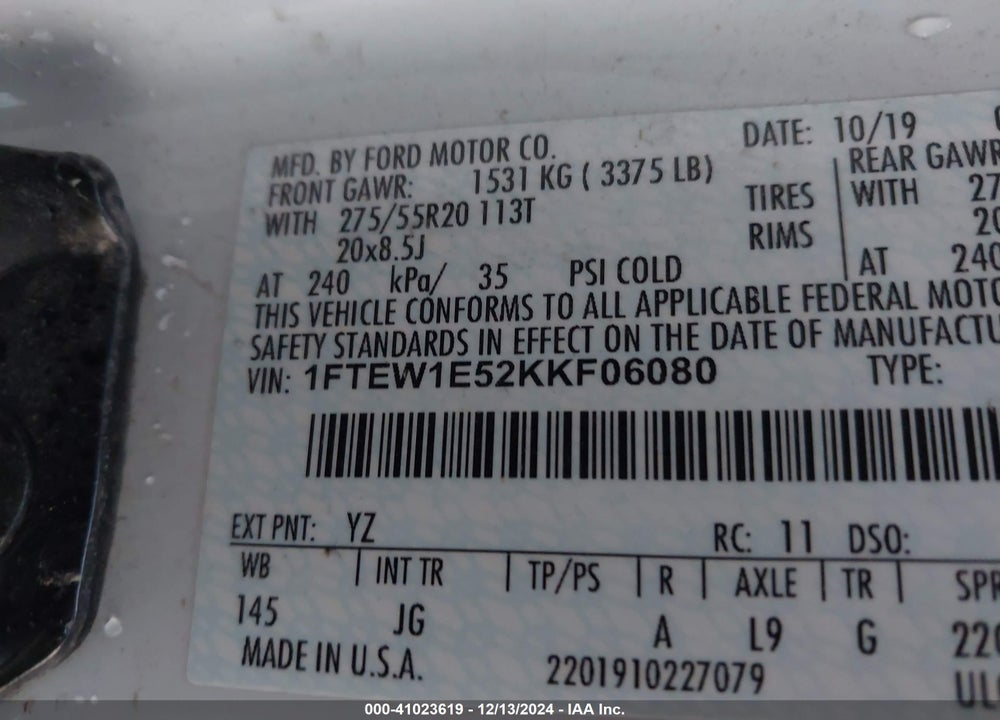2019 FORD F-150 VIN: 1FTEW1E52KKF06080