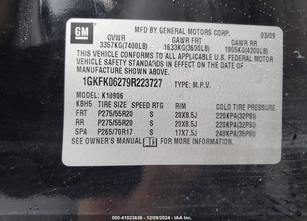 2009 GMC YUKON XL 1500 DENALI VIN: 1GKFK06279R223727