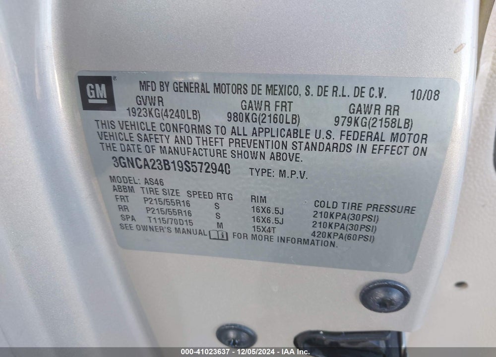 2009 CHEVROLET HHR VIN: 3GNCA23B19S572940