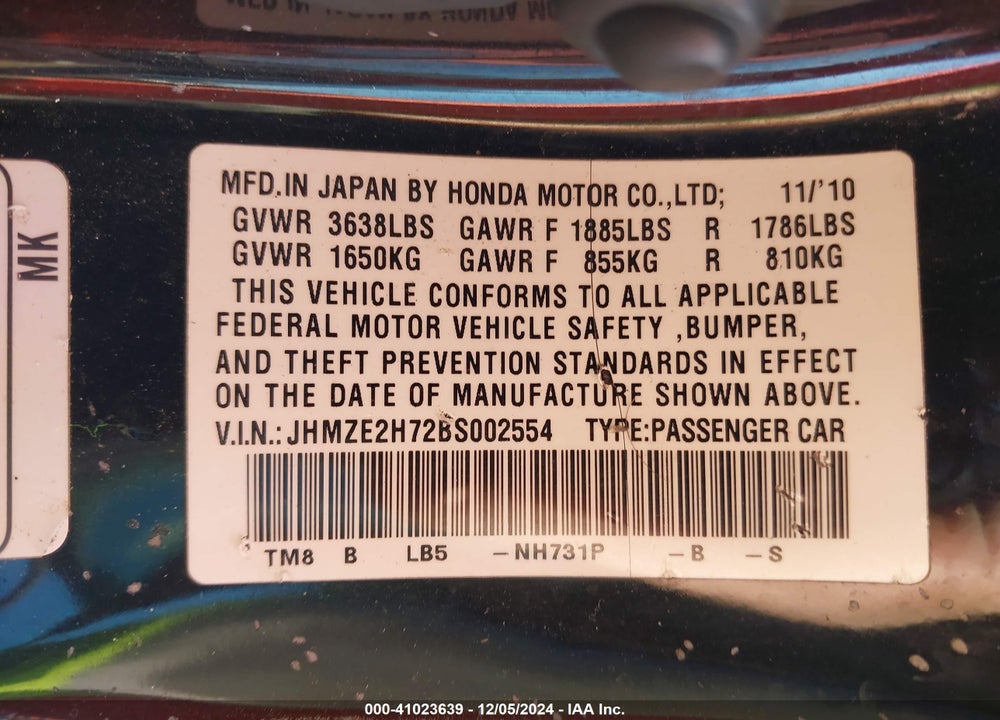2011 HONDA INSIGHT EX VIN: JHMZE2H72BS002554