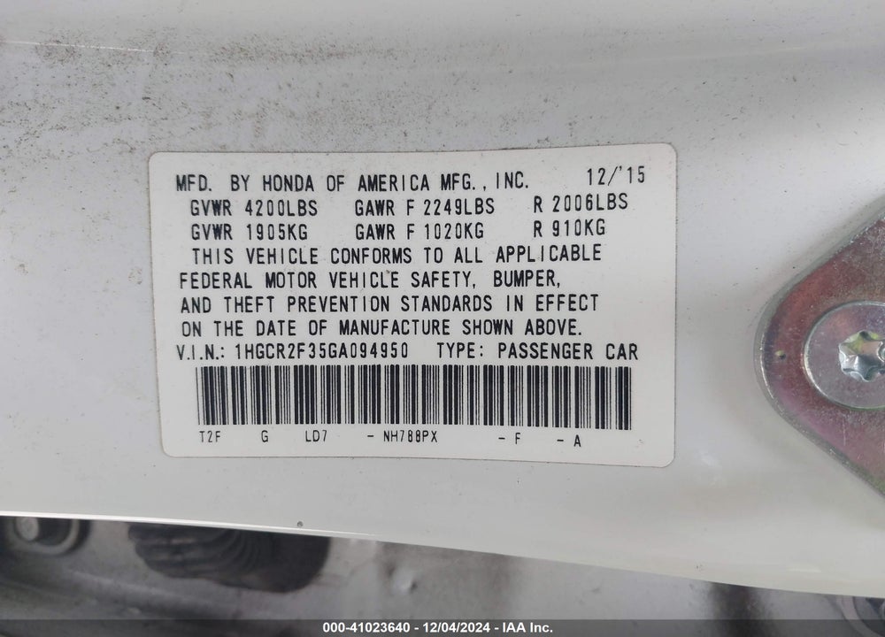2016 HONDA ACCORD LX VIN: 1HGCR2F35GA094950