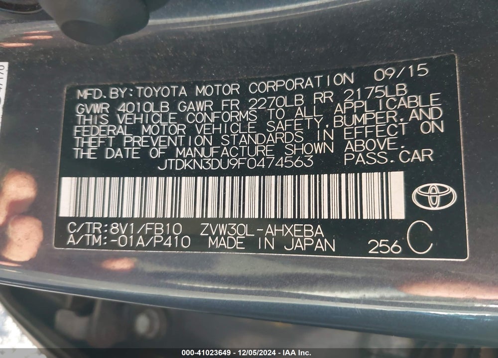2015 TOYOTA PRIUS VIN: JTDKN3DU9F0474563