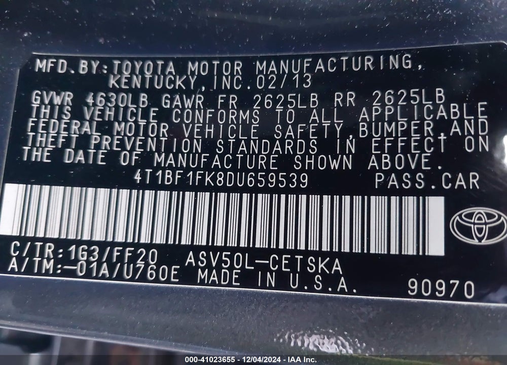 2013 TOYOTA CAMRY SE VIN: 4T1BF1FK8DU659539