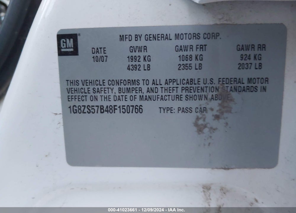 2008 SATURN AURA XE VIN: 1G8ZS57B48F150766