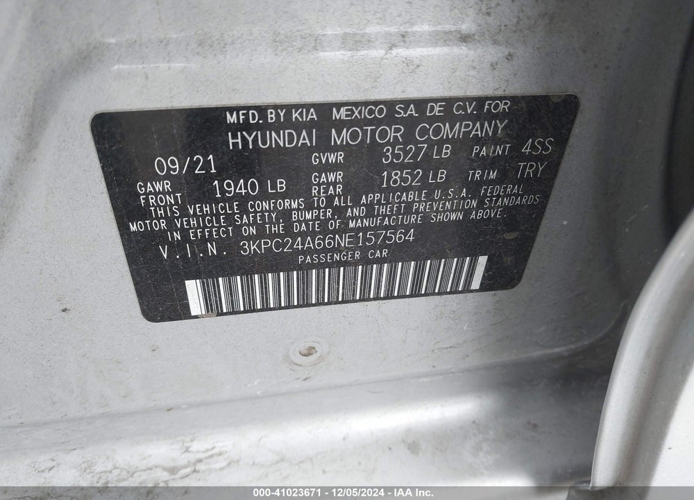 2022 HYUNDAI ACCENT SE VIN: 3KPC24A66NE157564