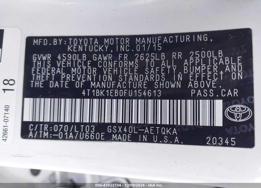 2015 TOYOTA AVALON XLE TOURING VIN: 4T1BK1EB0FU154613