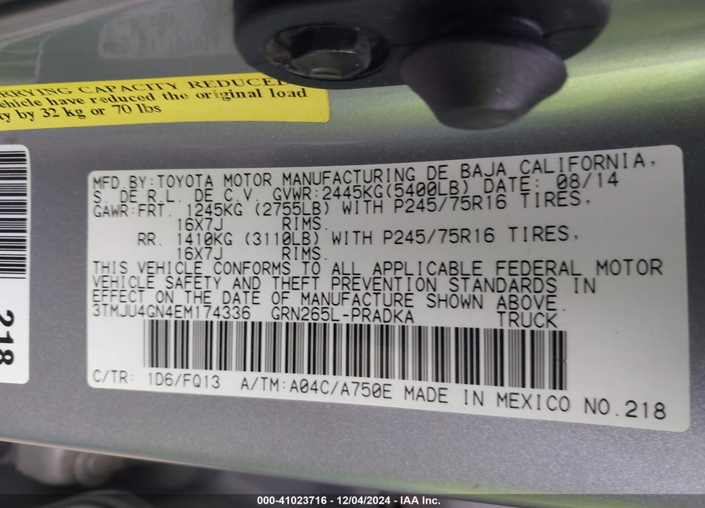 2014 TOYOTA TACOMA PRERUNNER V6 VIN: 3TMJU4GN4EM174336