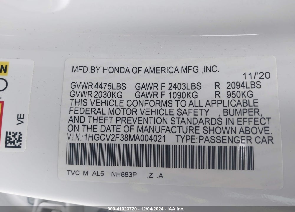 2021 HONDA ACCORD VIN: 1HGCV2F38MA004021