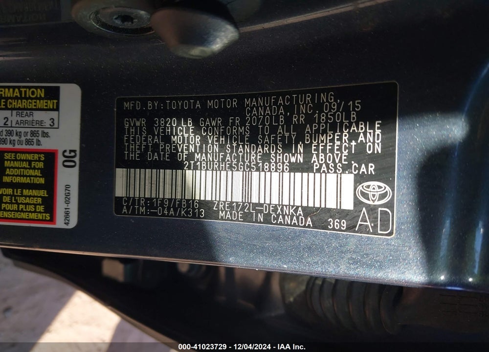 2016 TOYOTA COROLLA LE VIN: 2T1BURHE5GC518896