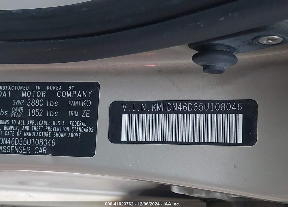 2005 HYUNDAI ELANTRA GLS/GT VIN: KMHDN46D35U108046
