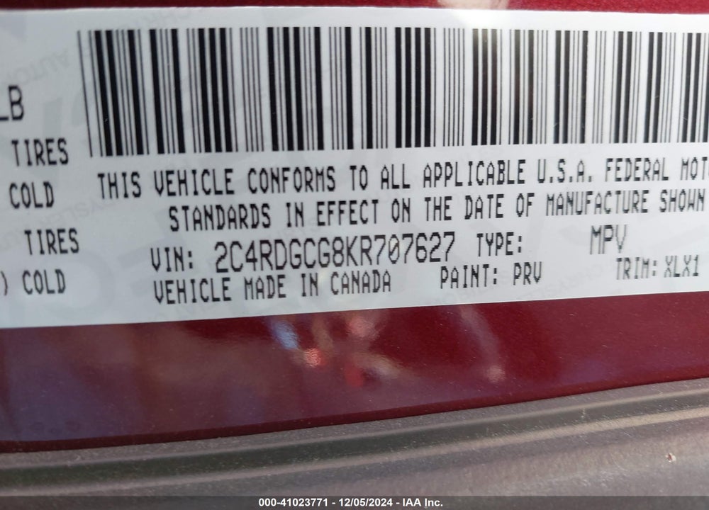 2019 DODGE GRAND CARAVAN SXT VIN: 2C4RDGCG8KR707627