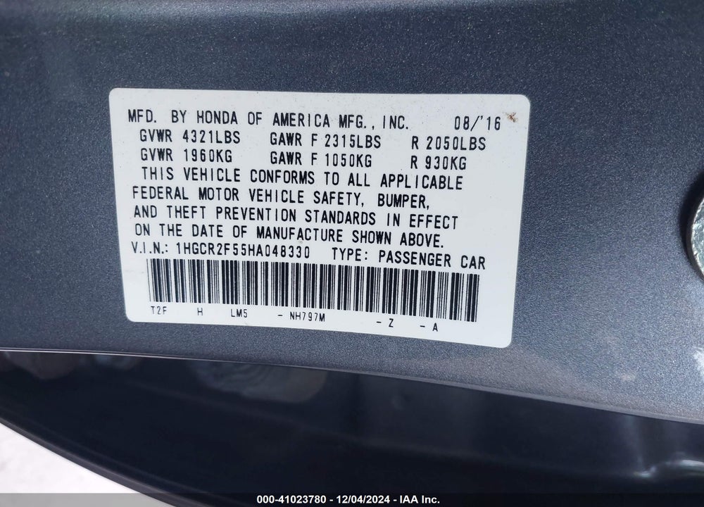 2017 HONDA ACCORD SPORT VIN: 1HGCR2F55HA048330