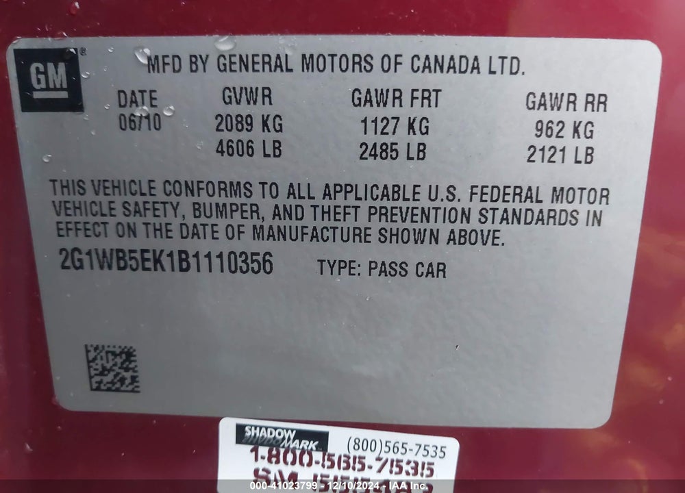 2011 CHEVROLET IMPALA LT VIN: 2G1WB5EK1B1110356