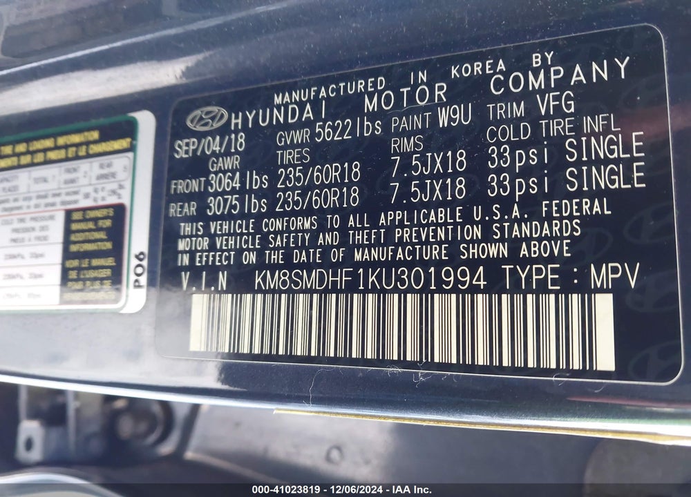 2019 HYUNDAI SANTA FE XL SE VIN: KM8SMDHF1KU301994