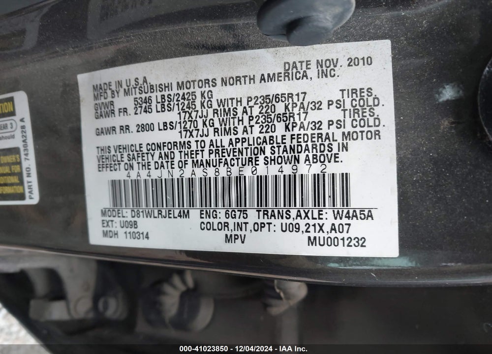 2011 MITSUBISHI ENDEAVOR VIN: 4A4JN2AS8BE014972