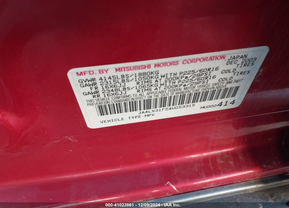 2004 MITSUBISHI OUTLANDER LS VIN: JA4LX31F54U053315