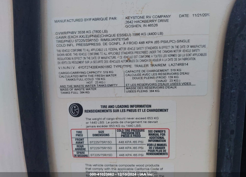 2014 KEYSTONE TRAILER VIN: 4YDT27420EK601882