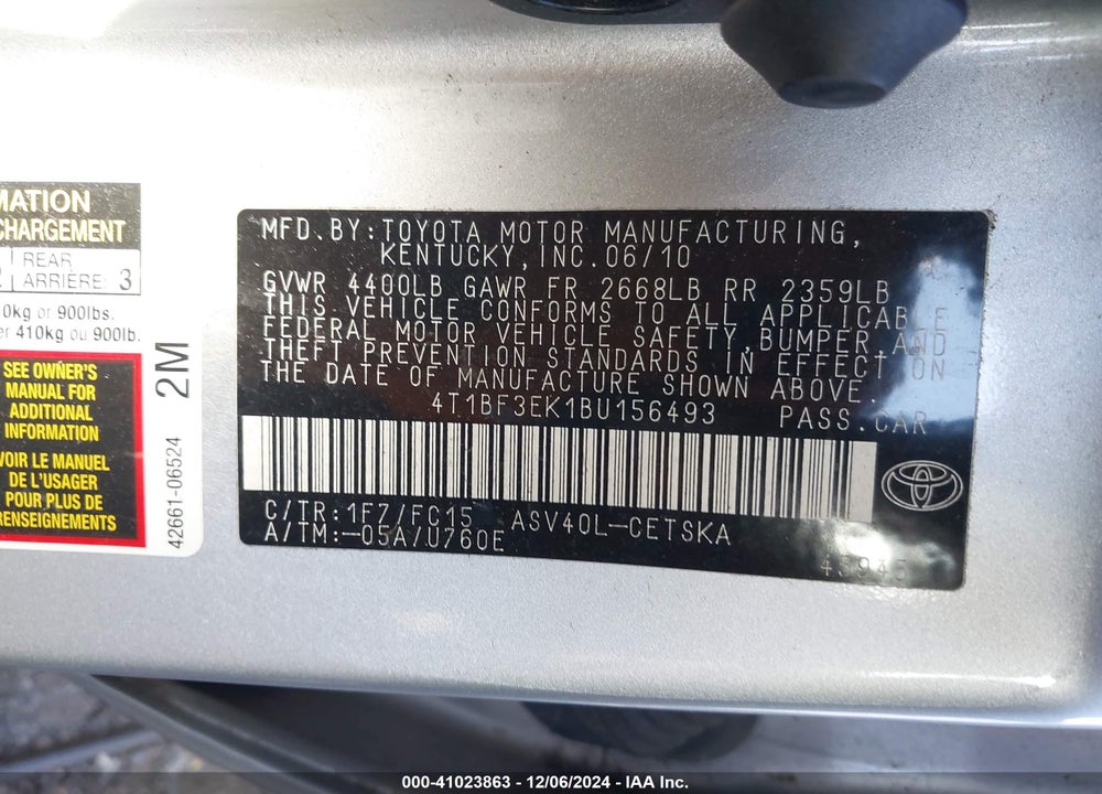 2011 TOYOTA CAMRY SE VIN: 4T1BF3EK1BU156493
