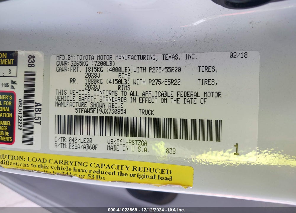 2018 TOYOTA TUNDRA PLATINUM 5.7L V8 VIN: 5TFAW5F19JX730854