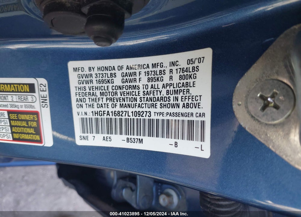 2007 HONDA CIVIC EX VIN: 1HGFA16827L109273