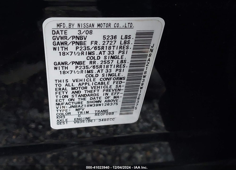2009 NISSAN MURANO S VIN: JN8AZ18W39W126375