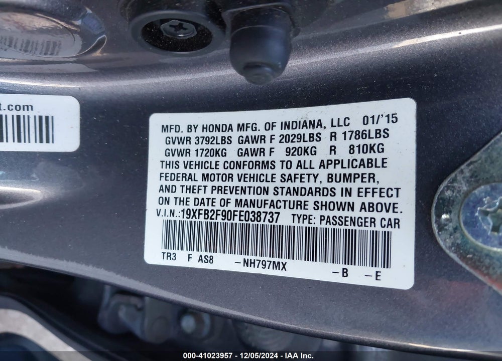 2015 HONDA CIVIC EX-L VIN: 19XFB2F90FE038737