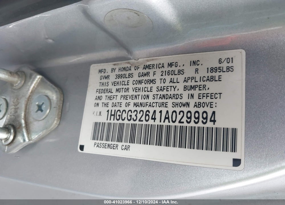 2001 HONDA ACCORD 2.3 LX VIN: 1HGCG32641A029994