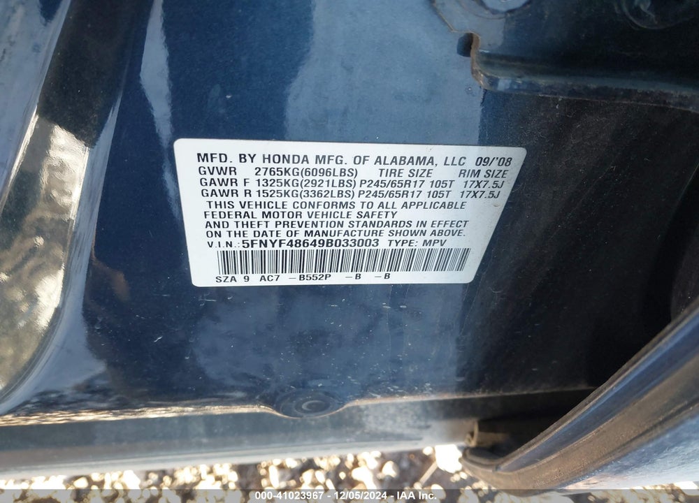 2009 HONDA PILOT EX-L VIN: 5FNYF48649B033003
