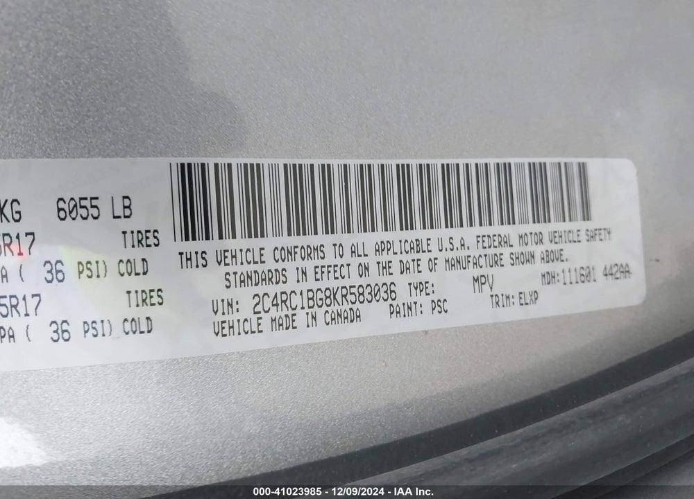 2019 CHRYSLER PACIFICA TOURING L VIN: 2C4RC1BG8KR583036