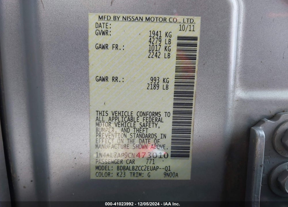 2012 NISSAN ALTIMA 2.5 S VIN: 1N4AL2AP9CN473010