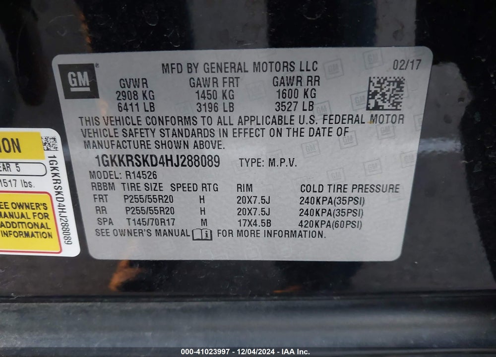 2017 GMC ACADIA LIMITED VIN: 1GKKRSKD4HJ288089