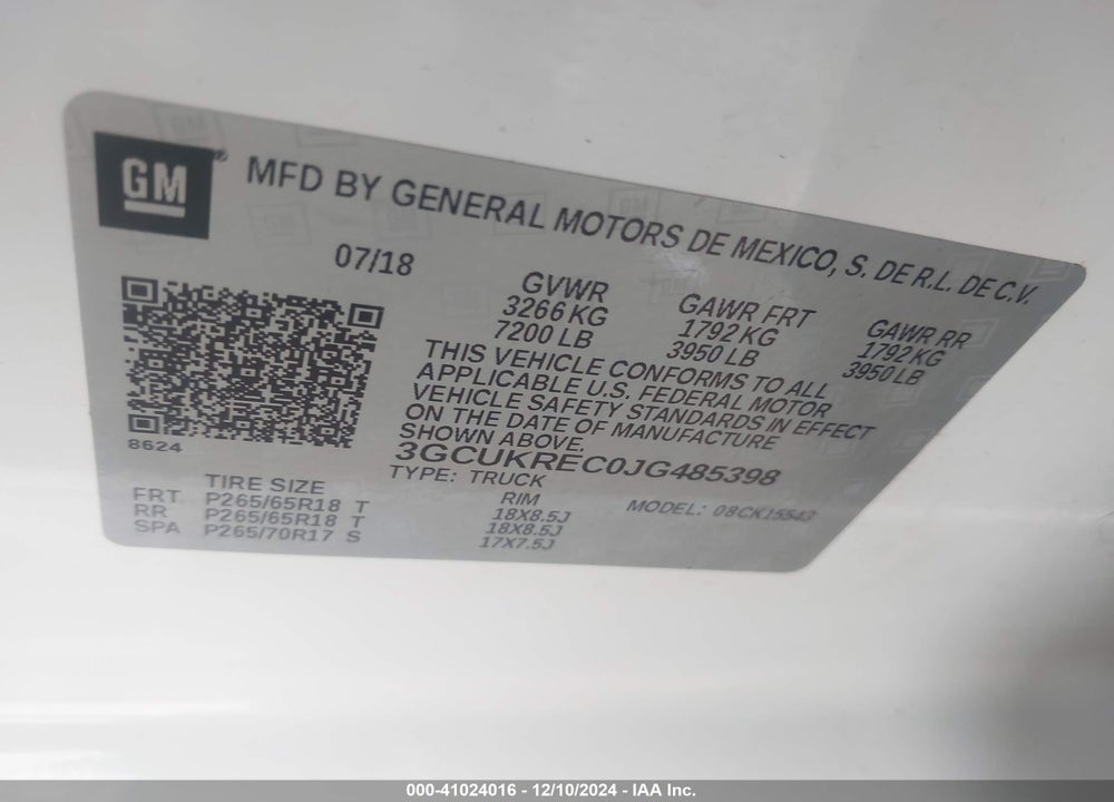 2018 CHEVROLET SILVERADO 1500 2LT VIN: 3GCUKREC0JG485398