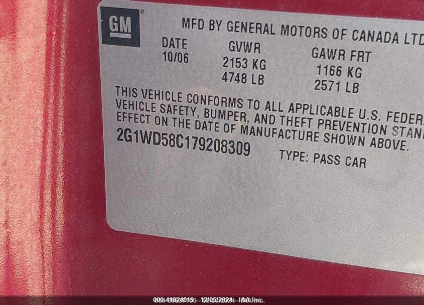 2007 CHEVROLET IMPALA  SS VIN: 2G1WD58C179208309