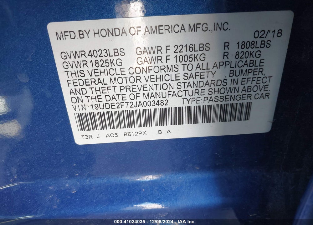 2018 ACURA ILX PREMIUM PACKAGE/TECHNOLOGY PLUS PACKAGE VIN: 19UDE2F72JA003482