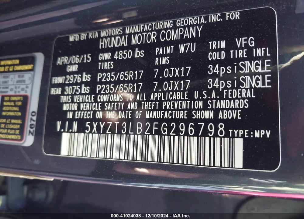 2015 HYUNDAI SANTA FE SPORT 2.4L VIN: 5XYZT3LB2FG296798