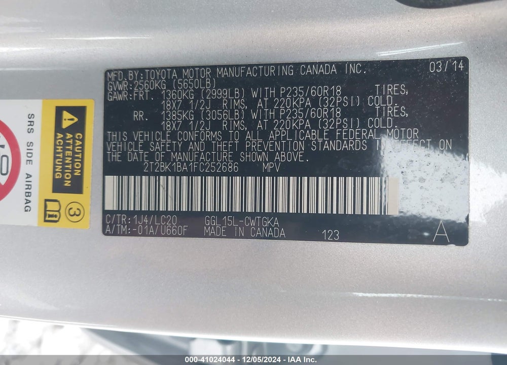 2015 LEXUS RX 350 VIN: 2T2BK1BA1FC252686