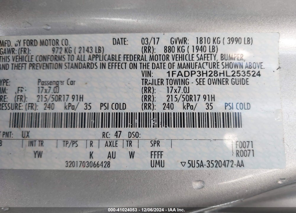 2017 FORD FOCUS SEL VIN: 1FADP3H28HL253524