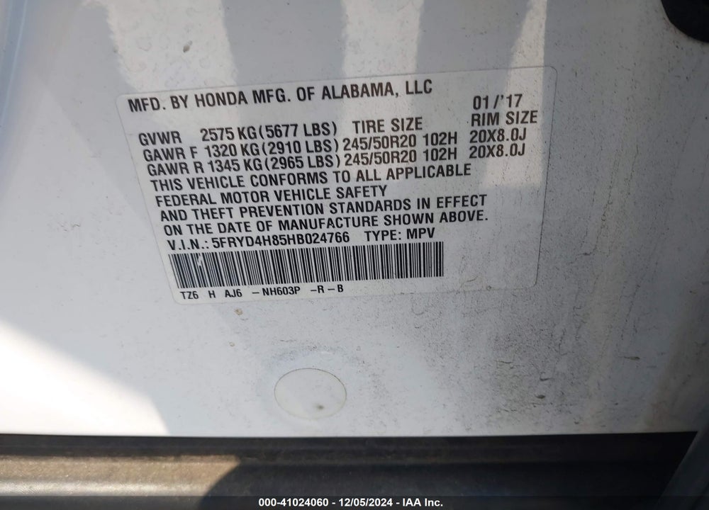 2017 ACURA MDX ADVANCE PACKAGE VIN: 5FRYD4H85HB024766